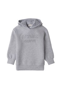 Felpa leggera grigia con cappuccio, maniche lunghe e testo in rilievo "STYLISH CRAFTY" sul davanti.