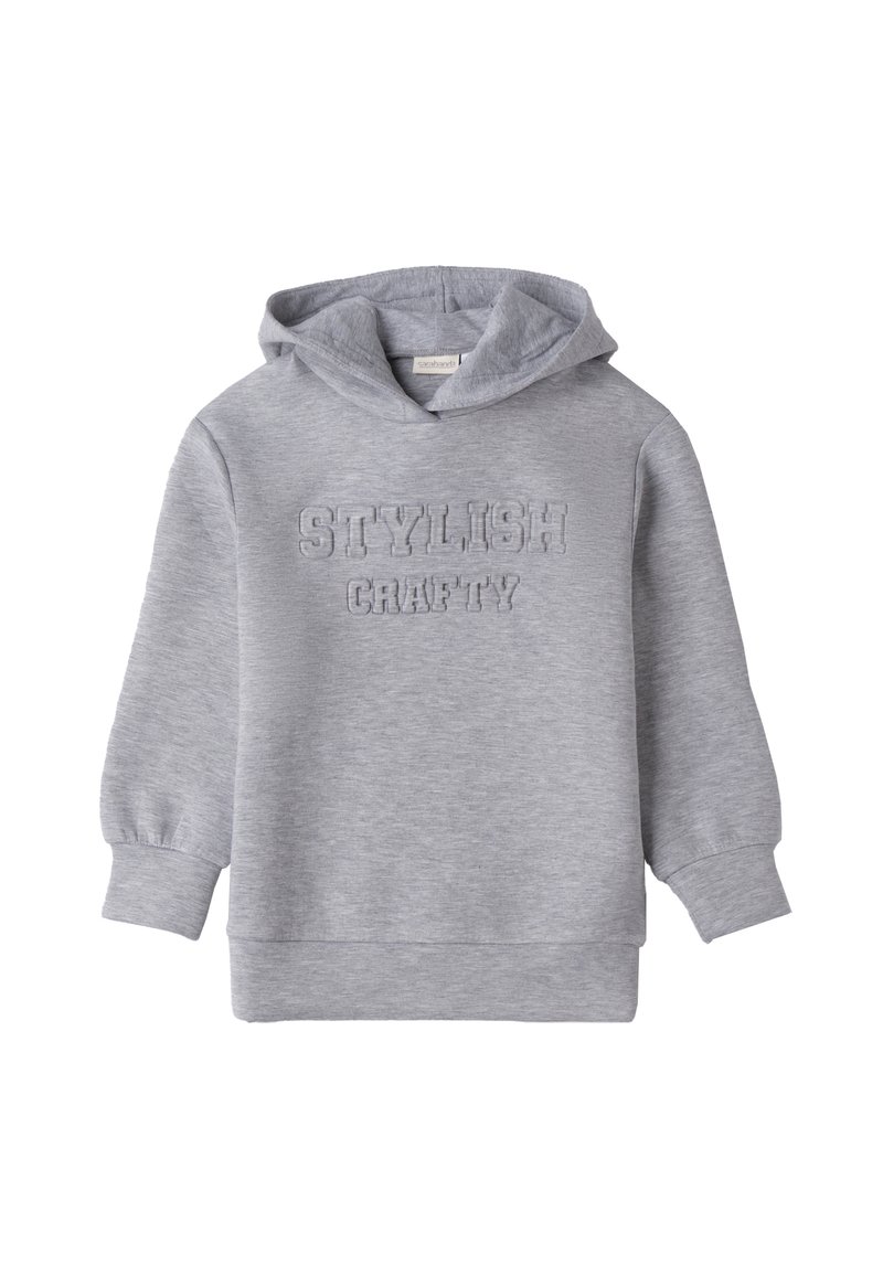 Felpa leggera grigia con cappuccio, maniche lunghe e testo in rilievo "STYLISH CRAFTY" sul davanti.