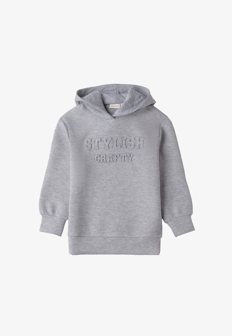 Felpa leggera grigia con cappuccio, maniche lunghe e testo in rilievo "STYLISH CRAFTY" sul davanti.