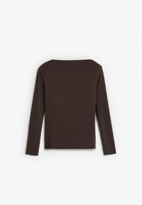 Brown long-sleeve top with a square neckline, made of smooth fabric. The back has a simple design, with no visible embellishments or patterns.