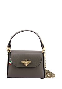 Gray leather handbag with gold bee hardware, top handle, and detachable chain strap. Features textured surface and Italian flag accent.