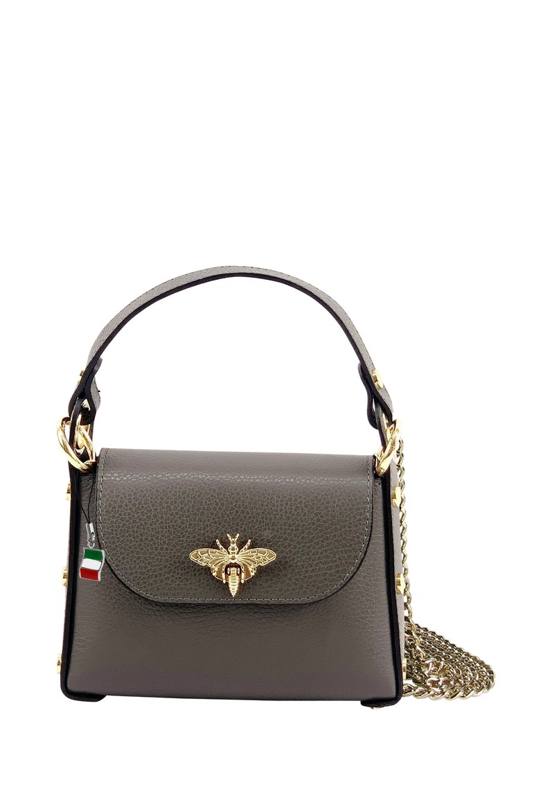 Gray leather handbag with gold bee hardware, top handle, and detachable chain strap. Features textured surface and Italian flag accent.