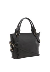 Sac à main en cuir noir avec deux poignées supérieures et une bandoulière amovible. Dispose de quincaillerie dorée et d'une texture lisse et brillante.