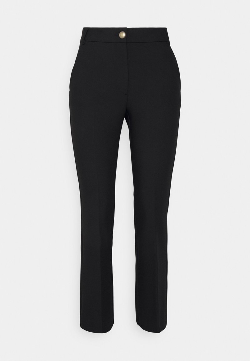 Pantalon noir à jambes droites avec une taille haute et une fermeture à bouton unique en or sur la ceinture avant.