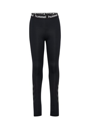 Sorte tætsiddende leggings med elastisk taljebånd med hvidt "hummel"-logo og diskrete chevronmønstre på underbenene.