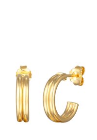 Boucles d'oreilles créoles plaquées or avec un design à trois barres. Surface lisse et brillante avec un accent floral sur le fermoir.