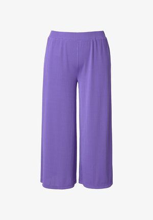 Purple wide-leg cropped pants with elastic waistband and subtle vertical ribbed texture, shown against plain white background.