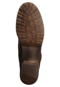 Semelle d'une botte en cuir marron avec une semelle à motif, indiquant la taille 37 estampillée près du talon.
