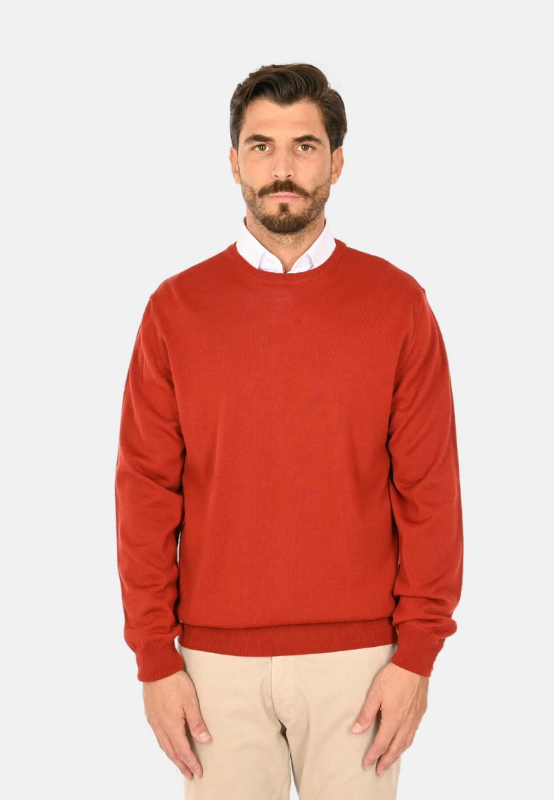 Maglione rosso lavorato a maglia con scollo rotondo e maniche lunghe; polsini e orlo a coste; indossato sopra una camicia bianca con colletto.