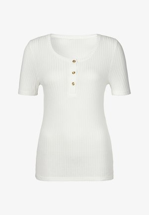 Valge ribadega lühikeste varrukatega topp, millel on ümar kaelus ja kolm kuldset nuppu ees. Pehme tekstuur ja vormiv disain.