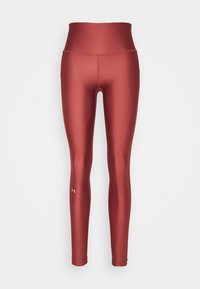 Hoge taille, aansluitende leggings van een glanzend bordeaux materiaal met een gladde textuur en een klein wit logo op het onderbeen.