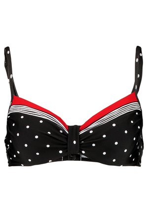 Zwart bikini top met polka dots, voorzien van rode en gestreepte accenten, met verstelbare bandjes en een sluiting aan de voorkant. Glad stoftextuur.