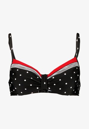 Schwarzes Bikini-Oberteil mit gepunktetem Muster in Rot und gestreiften Akzenten, ausgestattet mit verstellbaren Trägern und einem Frontverschluss. Glatte Stoffoberfläche.