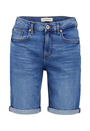 Blaue Herren-Jeansshorts mit umgeschlagenen Säumen, vorderem Knopf, Gürtelschlaufen und Fünf-Taschen-Design.