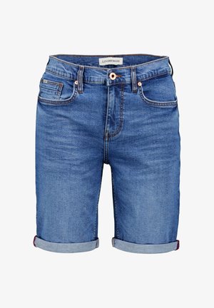 Blaue Herren-Jeansshorts mit umgeschlagenen Säumen, vorderem Knopf, Gürtelschlaufen und Fünf-Taschen-Design.