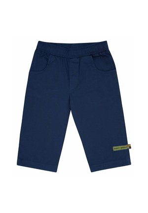 Pantaloni corti blu navy realizzati in tessuto misto cotone, dotati di una vita elastica, due tasche laterali e un'etichetta con il logo sull'orlo.