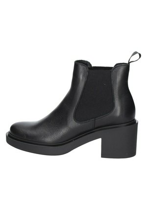 Stivali neri in pelle fino alla caviglia con tacco spesso, pannelli laterali elastici e una linguetta sul retro. Texture liscia e design della punta arrotondata.