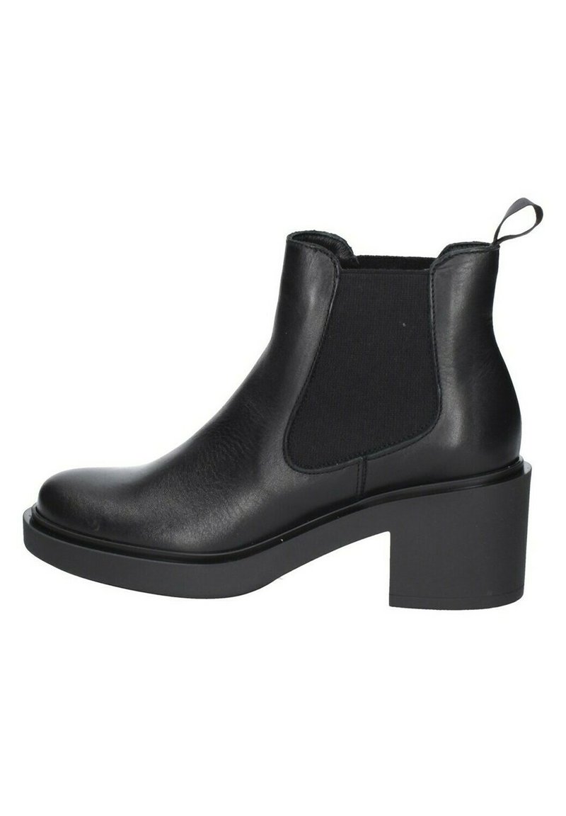 Stivali neri in pelle fino alla caviglia con tacco spesso, pannelli laterali elastici e una linguetta sul retro. Texture liscia e design della punta arrotondata.