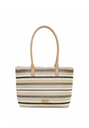 Tkany torba typu tote z poziomymi paskami w kolorach beżowym, czarnym, białym i szarym, z rączkami i etykietą ze skóry w kolorze brązowym na białym tle.