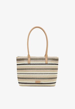 Sac fourre-tout tissé avec des rayures horizontales beige, noir, blanc et gris, anses en cuir camel et étiquette, sur fond blanc.