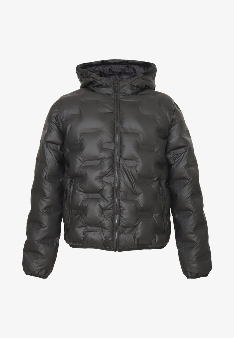 Giubbotto imbottito nero con cappuccio, caratterizzato da una finitura lucida, design trapuntato e chiusura con zip, dotato di due tasche laterali.