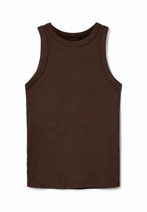 Débardeur marron côtelé sans manches avec un col rond, présenté à plat sur un fond blanc.
