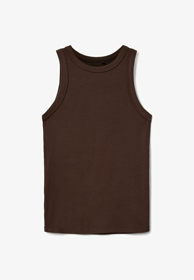 Débardeur marron côtelé sans manches avec un col rond, présenté à plat sur un fond blanc.