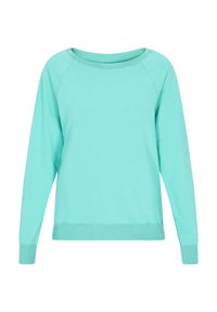 Felpa verde menta realizzata in tessuto morbido, caratterizzata da un ampio scollo, maniche lunghe raglan e un orlo aderente con dettagli a costine.