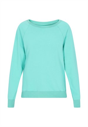 Minttivihreä collegepaita pehmeästä kankaasta, jossa on leveä kaula-aukko, pitkät raglan-hihat ja kireä helma ribbireunuksilla.