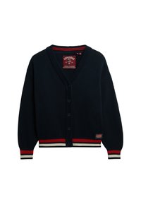 Cardigan en maille bleu marine avec un col en V, une fermeture à boutons, un ourlet côtelé avec des rayures rouges et blanches, et un écusson logo sur le côté gauche.