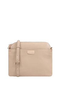 Beige leren schoudertas met verstelbare strap, een voorvak en details in goudkleurige gesp en rits.