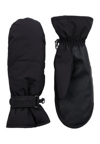 Schwarze Winterhandschuhe mit einem weichen, gepolsterten Äußeren und einer Lederhandfläche. Verfügt über ein verstellbares Handgelenkband und geraffte Bündchen für zusätzliche Wärme.