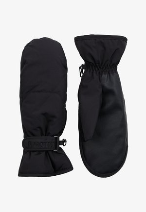 Schwarze Winterhandschuhe mit einem weichen, gepolsterten Äußeren und einer Lederhandfläche. Verfügt über ein verstellbares Handgelenkband und geraffte Bündchen für zusätzliche Wärme.