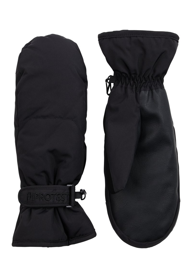 Schwarze Winterhandschuhe mit einem weichen, gepolsterten Äußeren und einer Lederhandfläche. Verfügt über ein verstellbares Handgelenkband und geraffte Bündchen für zusätzliche Wärme.