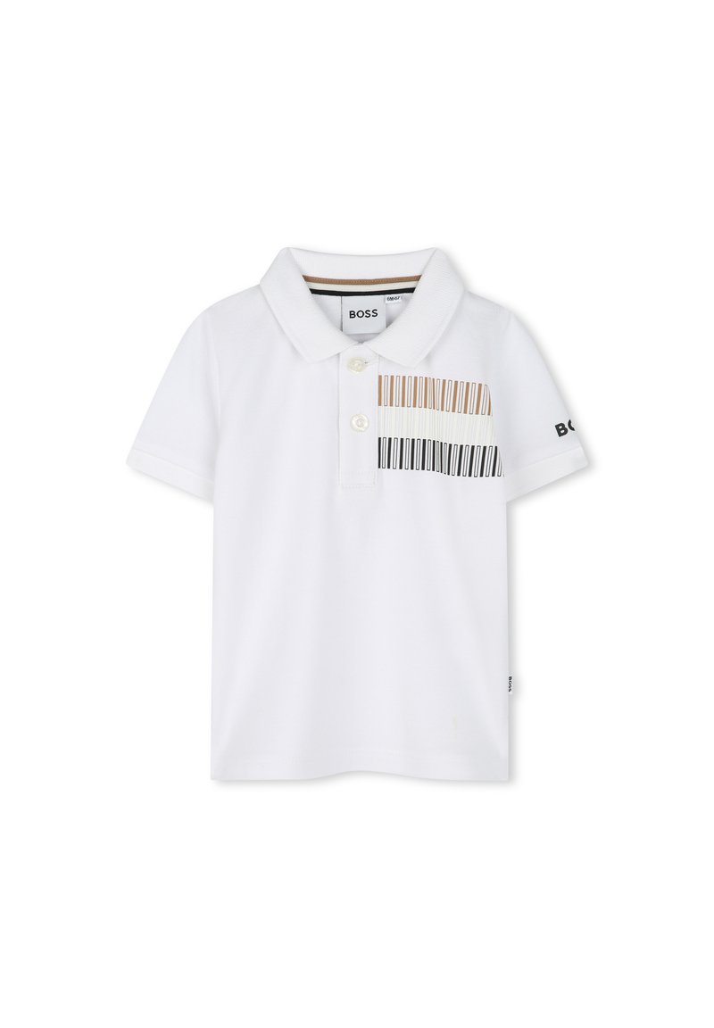 Witte polo met korte mouwen en een klassieke kraag. Voorzien van een grafisch ontwerp van verticale strepen in tinten bruin en zwart op de borst.
