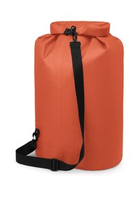 Borsa di stoccaggio impermeabile arancione con chiusura roll-top, cinturino regolabile nero e chiusura a clip. Presenta una superficie liscia e strutturata.