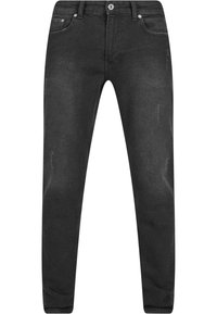 Jeans de mezclilla negra con un corte ajustado, que presentan un ligero tono de desgaste, detalles de desvanecimiento y un estilo de cinco bolsillos. Cierre con botón plateado y cremallera.