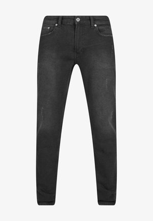 Schwarze Denim-Jeans mit schmaler Passform, die über dezente Used-Details, Ausbleichungen und einen Fünf-Taschen-Stil verfügt. Mit silbernem Knopf- und Reißverschluss.