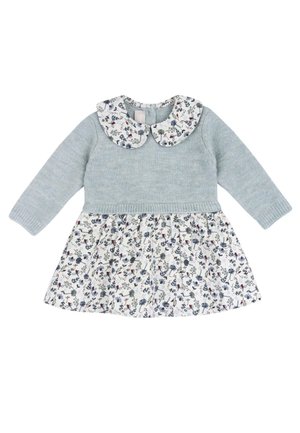 Baby dress with light blue knitted long sleeves, white collar, and skirt featuring a small floral print in blue and red.