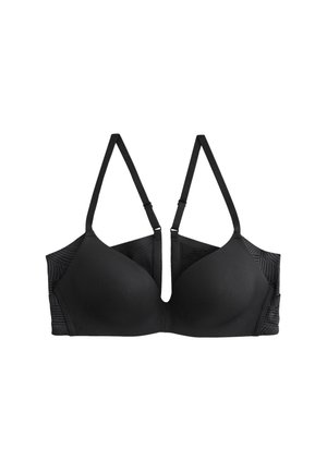 Czarny wyściełany biustonosz z regulowanymi ramiączkami i głębokim dekoltem w kształcie litery V, z półprzezroczystymi, paskowanymi panelami bocznymi.