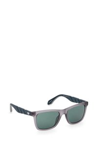 Occhiali da sole quadrati con parte anteriore grigia opaca e bracci blu scuro, dotati di lenti verdi e un motivo testurizzato sui lati.