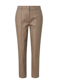 Bruine leren broek met een op maat gemaakte pasvorm, voorzien van voorzakken, rechte benen en gestikte details langs de naden.