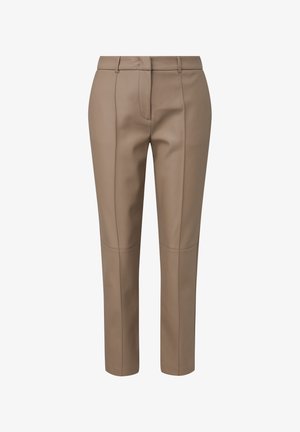 Bruine leren broek met een op maat gemaakte pasvorm, voorzien van voorzakken, rechte benen en gestikte details langs de naden.