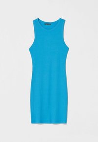 Robe sans manches en maille côtelée bleu vif, col rond, silhouette ajustée et longueur jusqu'aux genoux.