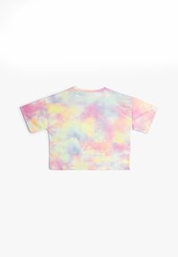 Korte mouw crop top in pastel tie-dye kleuren, met schakeringen van roze, geel en blauw, een zachte textuur en een ontspannen pasvorm.