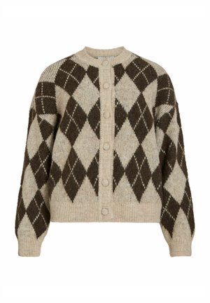 Stickad kofta i kräm och brunt med argyle-mönster, rund halsringning, oversize-passform och framknäppning. Mjuk, texturerad tyg.