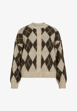 Stickad kofta i kräm och brunt med argyle-mönster, rund halsringning, oversize-passform och framknäppning. Mjuk, texturerad tyg.