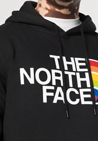 Felpa nera con cappuccio e testo bianco che dice "THE NORTH FACE" accompagnato da una grafica arcobaleno colorata. Presenta cordini e un tessuto morbido e testurizzato.