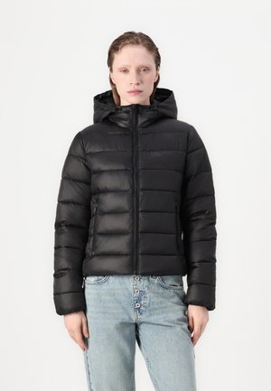 Black puffer jacket with a hood, featuring a quilted design, front zipper, and side pockets. Smooth texture and slightly reflective material.