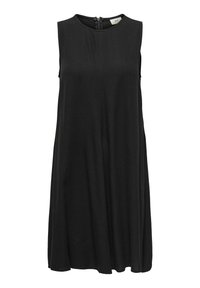 Vestido negro sin mangas con escote redondeado, tela suave, corte holgado y cierre en la espalda con forma de ojito.
